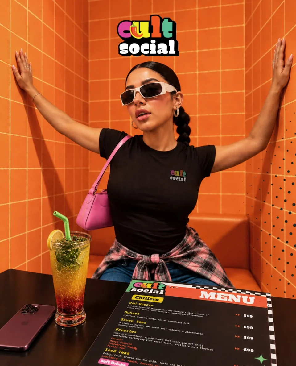 Cult Social campaign featuring a colourful drink, orange tiles and the café menu